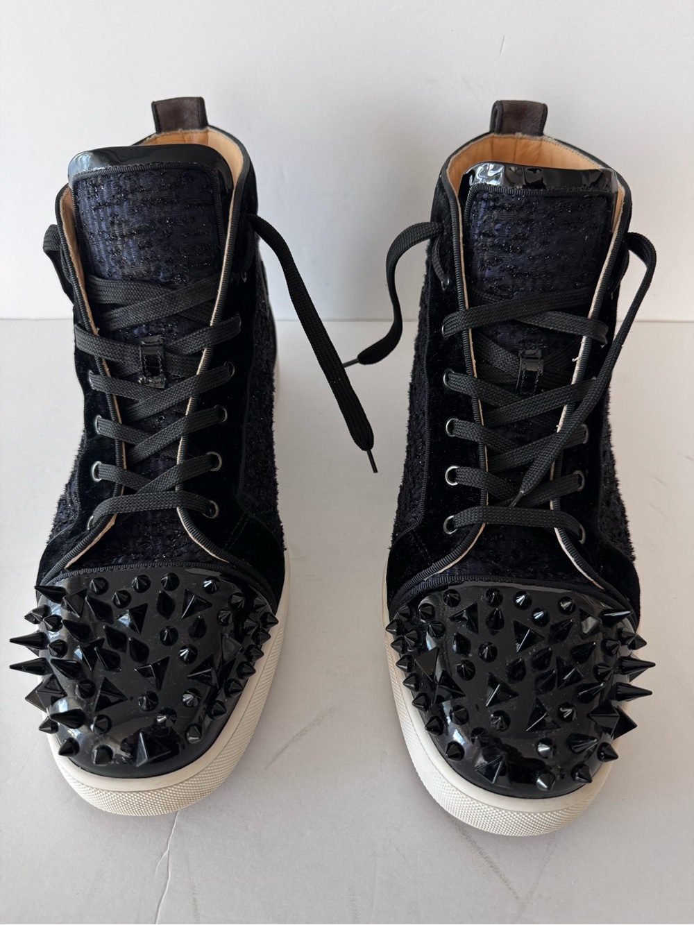 Christian Louboutin Men’s High Top Spike Sneakers Suede & Tweed US Men’s 13